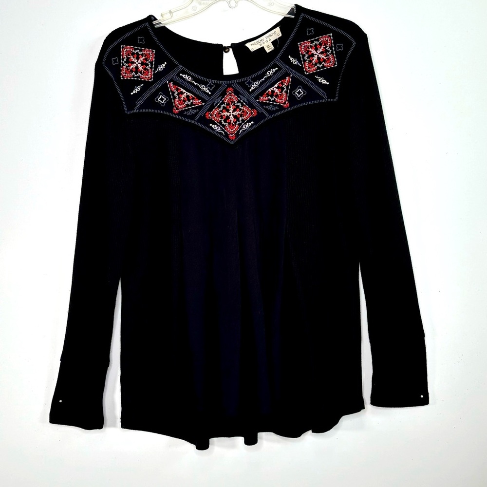 Alchemy Thread Embroidered Waffle Knit Tunic Top Curved Hi-Lo Hem Keyhole Sz M